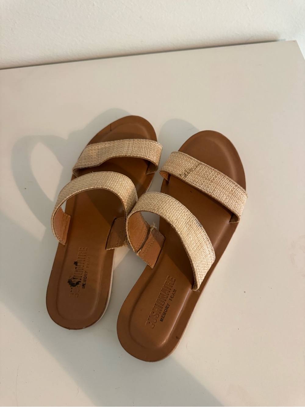 Women’s Tan Slide Sandals with Natural Fabric Straps
